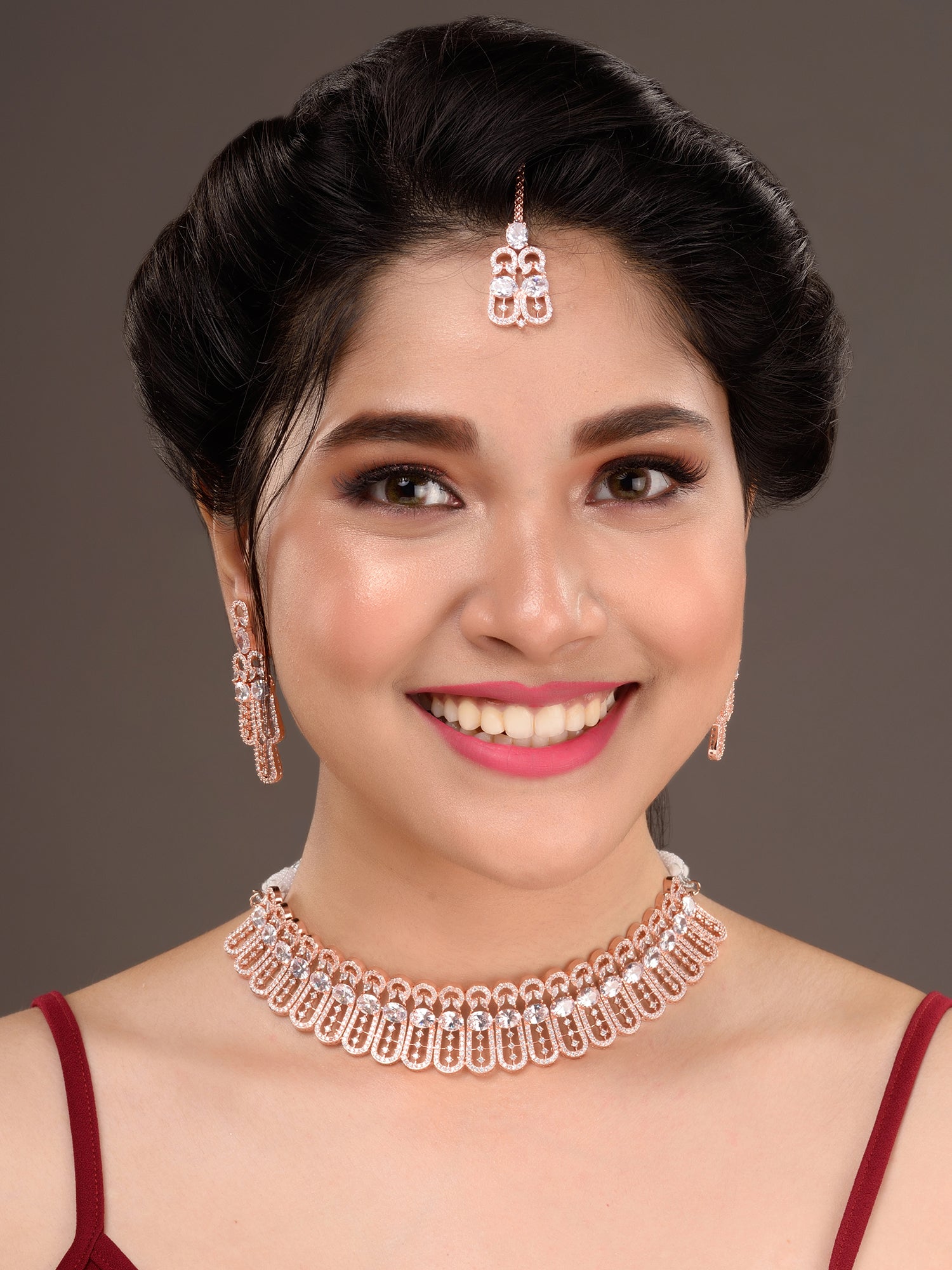 Rose Gold Plated White AD Studded Designer Choker Jewellery Set Mang Tika, zaveri pearls, sale price rs, sale price, sale gold plated, sale gold, sale, rubans, ring, regular price, priyassi j